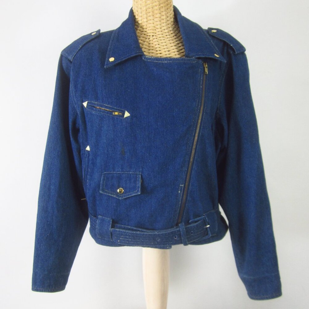 Vtg Brett Harrison Womens S Blue Denim Jean Biker LS Jacket Y2K 90s Zip Sleeve